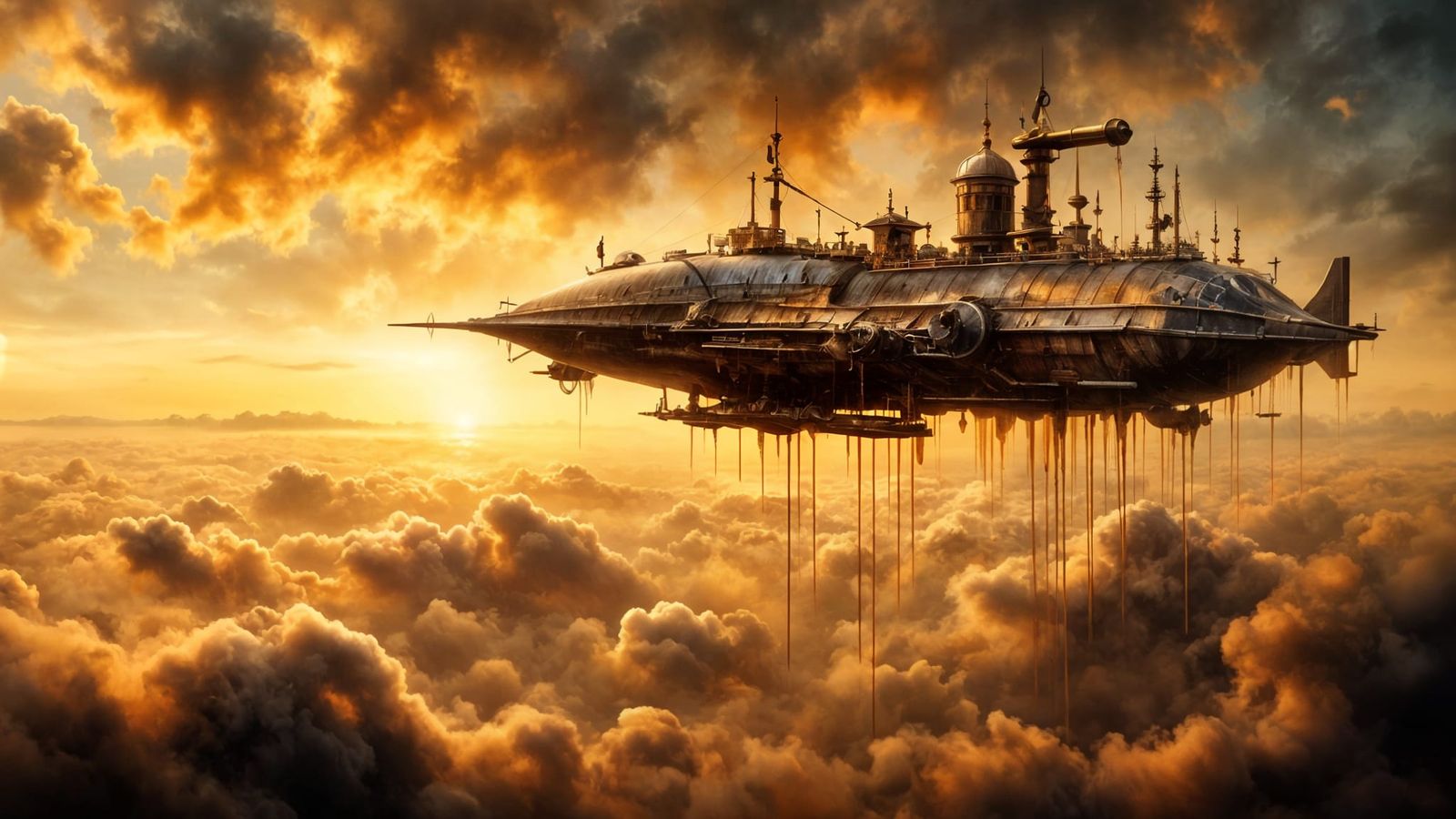 Steampunk Airship Ascends Over Clouds at Sunrise