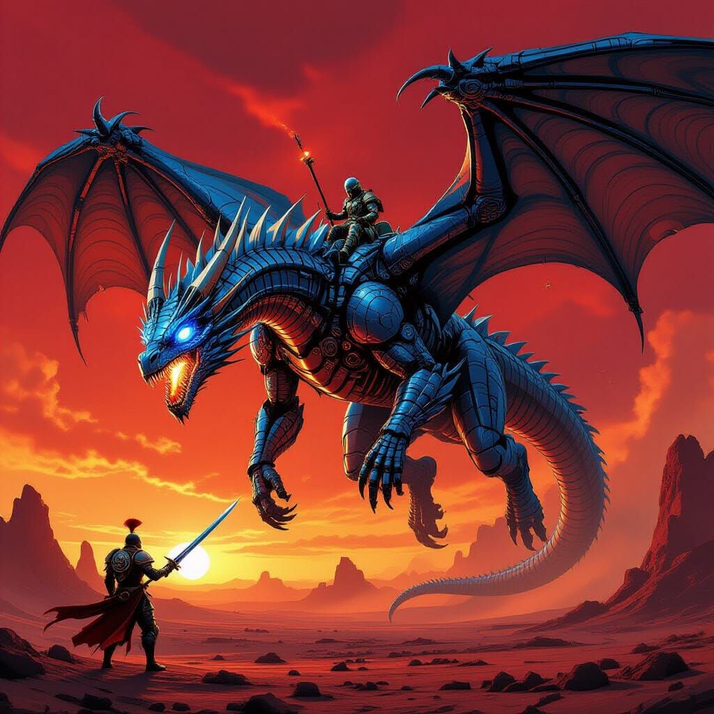 Biomechanical Wyvern Soaring Through Alien Sky