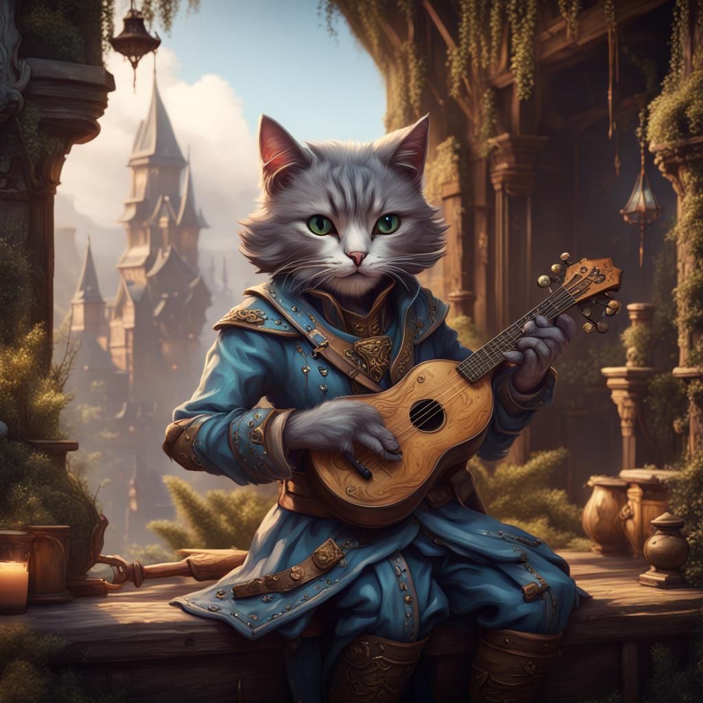 Fantasy Cat Bard: Detailed Matte Painting