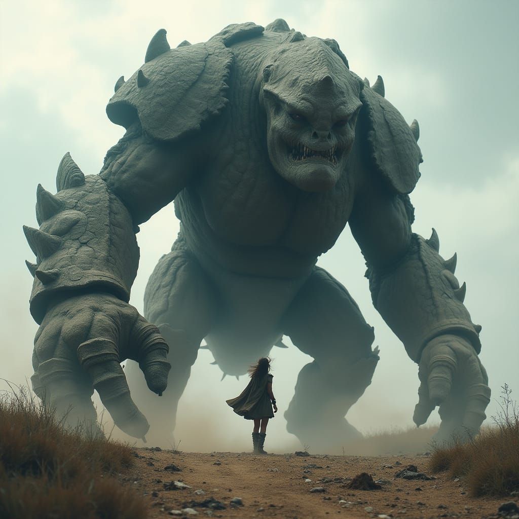 Towering Armored Creature with Silhouetted Girl