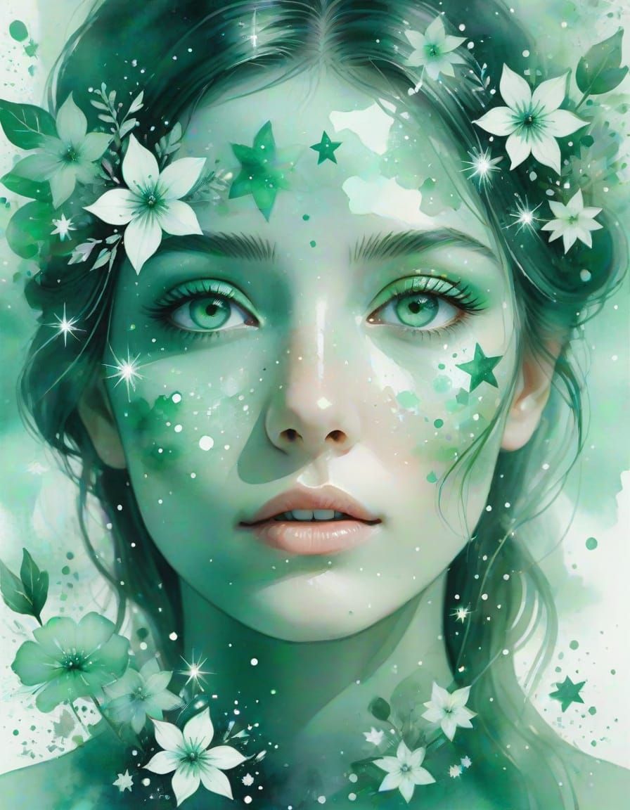 Whimsical Celadon Watercolor Portrait with Jade Eyes