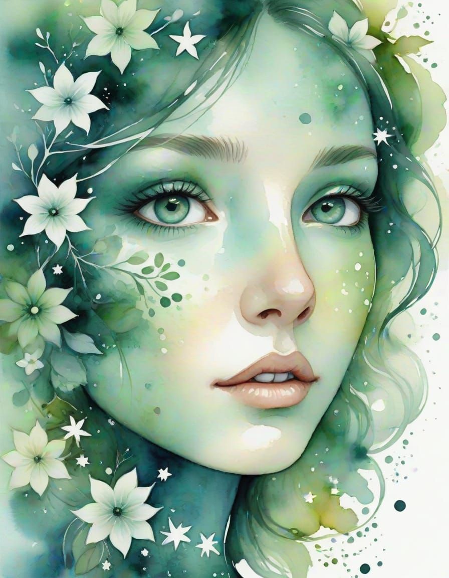 Ethereal Watercolor Portrait with Jade Eyes and Celadon Bloo...