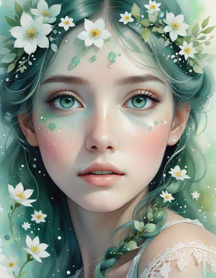 Whimsical Watercolor Portrait with Sparkling Jade Eyes and C...
