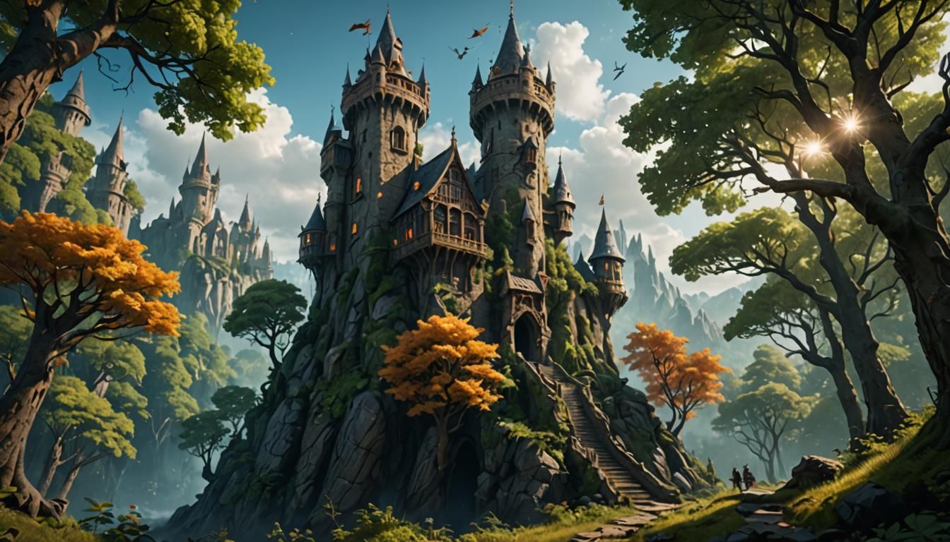 Fantastical Wizard's Tower in Forest: Detailed Matte Paintin...