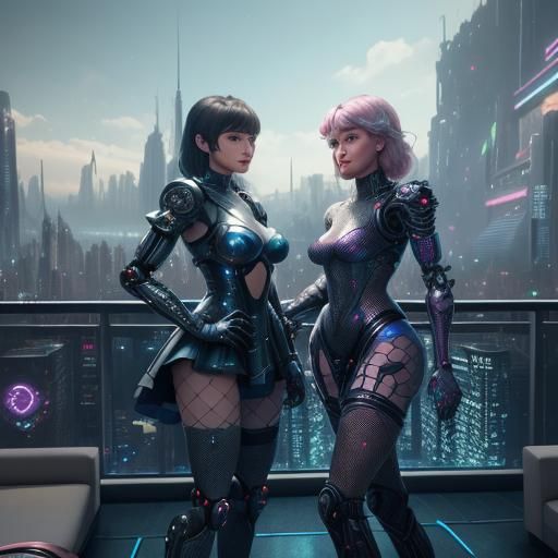 Futuristic City Terrace with Robot and Woman