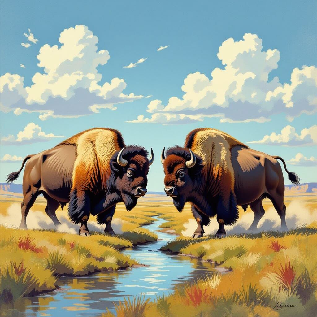 Epic Bison Battle on Plains in Impressionist Gouache Style