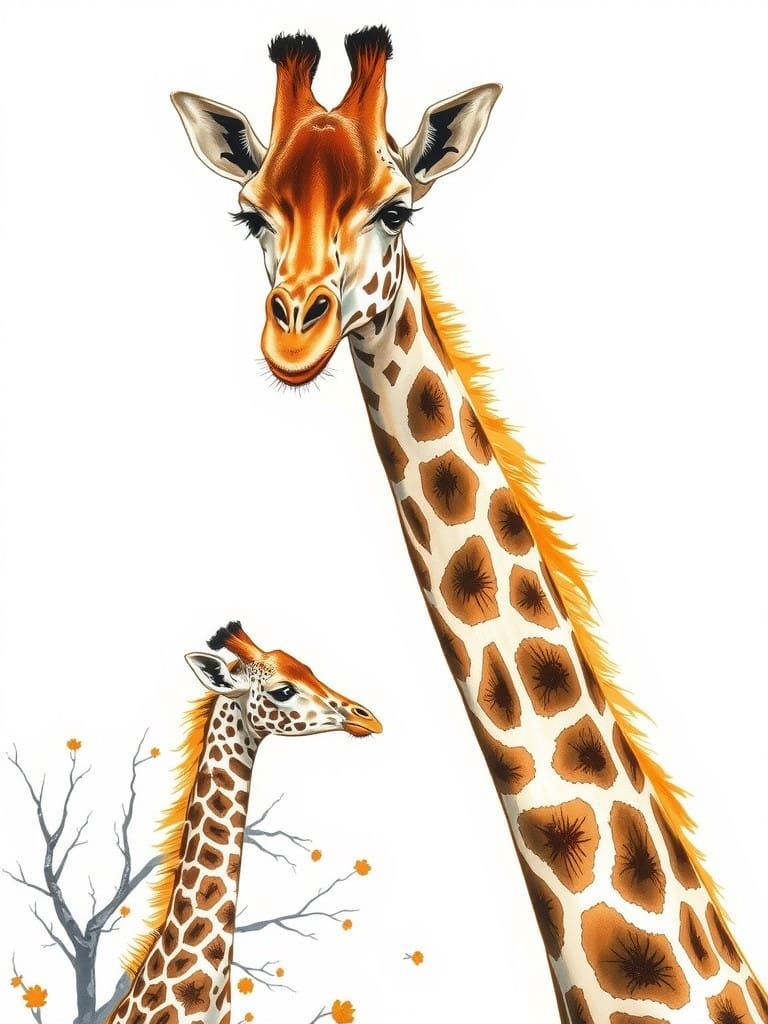 Giraffe Mother and Baby in Serene African Landscape