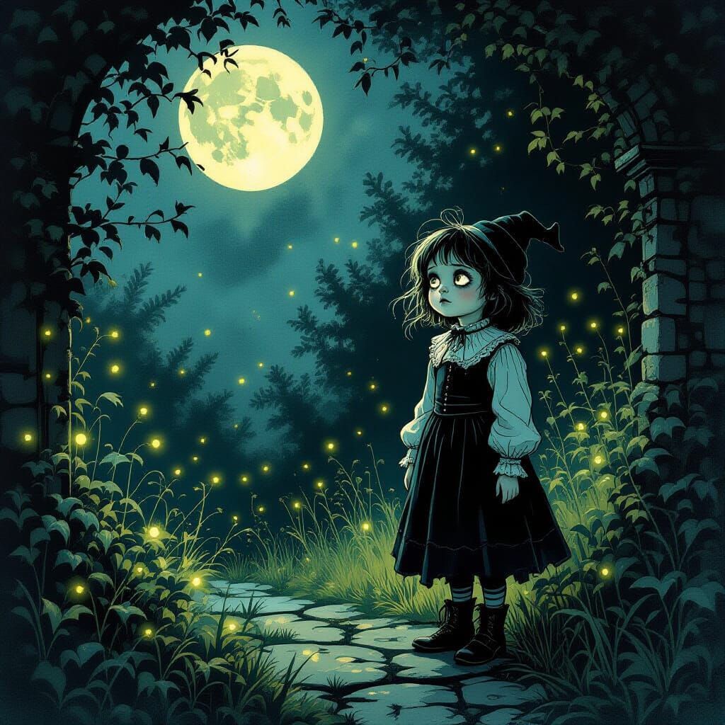 Victorian Child in Moonlit Garden, Gothic Whimsy Style