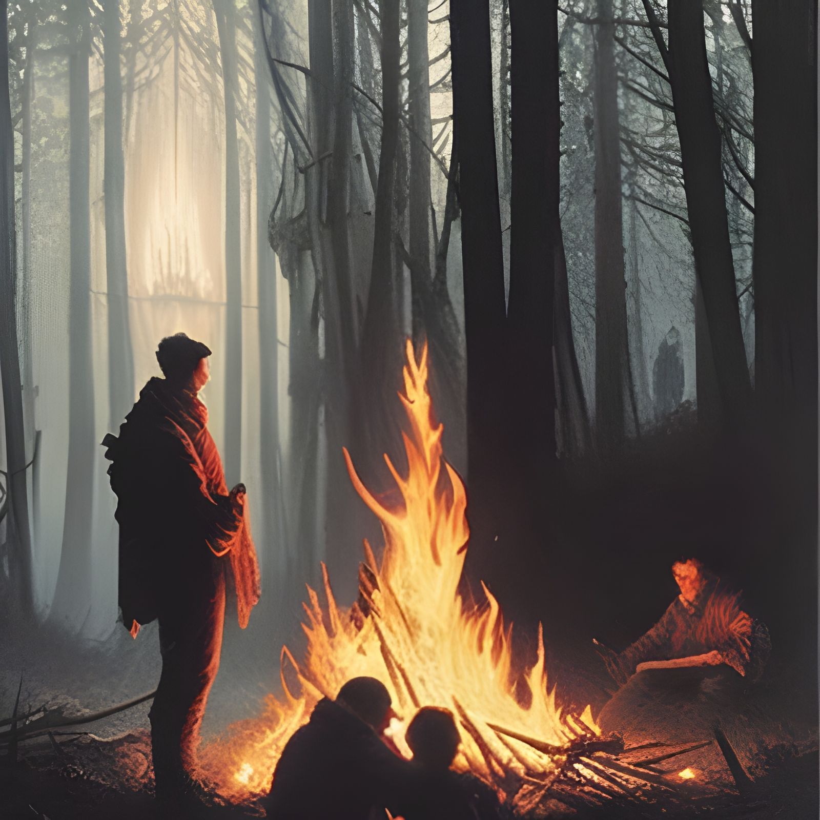 Creepy Campfire Horror in Engraving Style