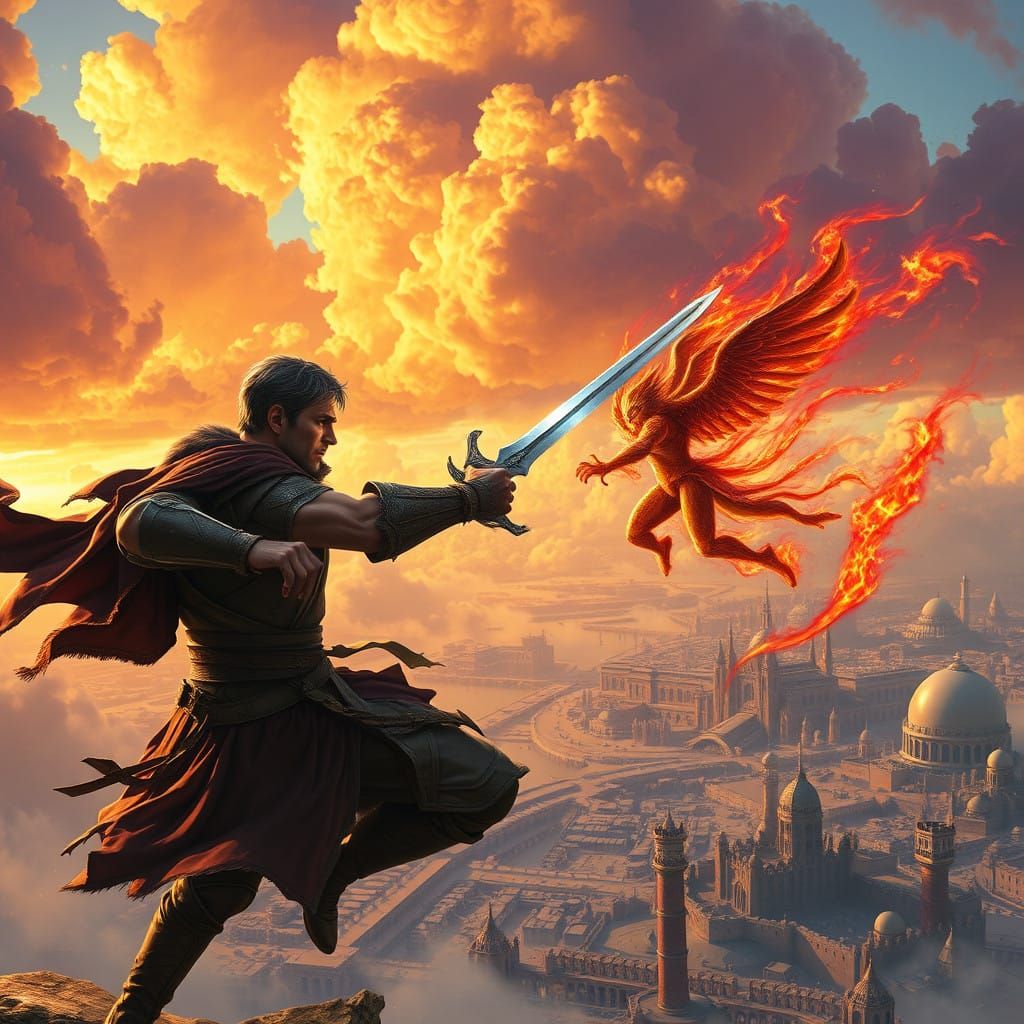 Rand al'thor fights Ba'alzamon in the cloudy skies over the harbor city of Falme. #1