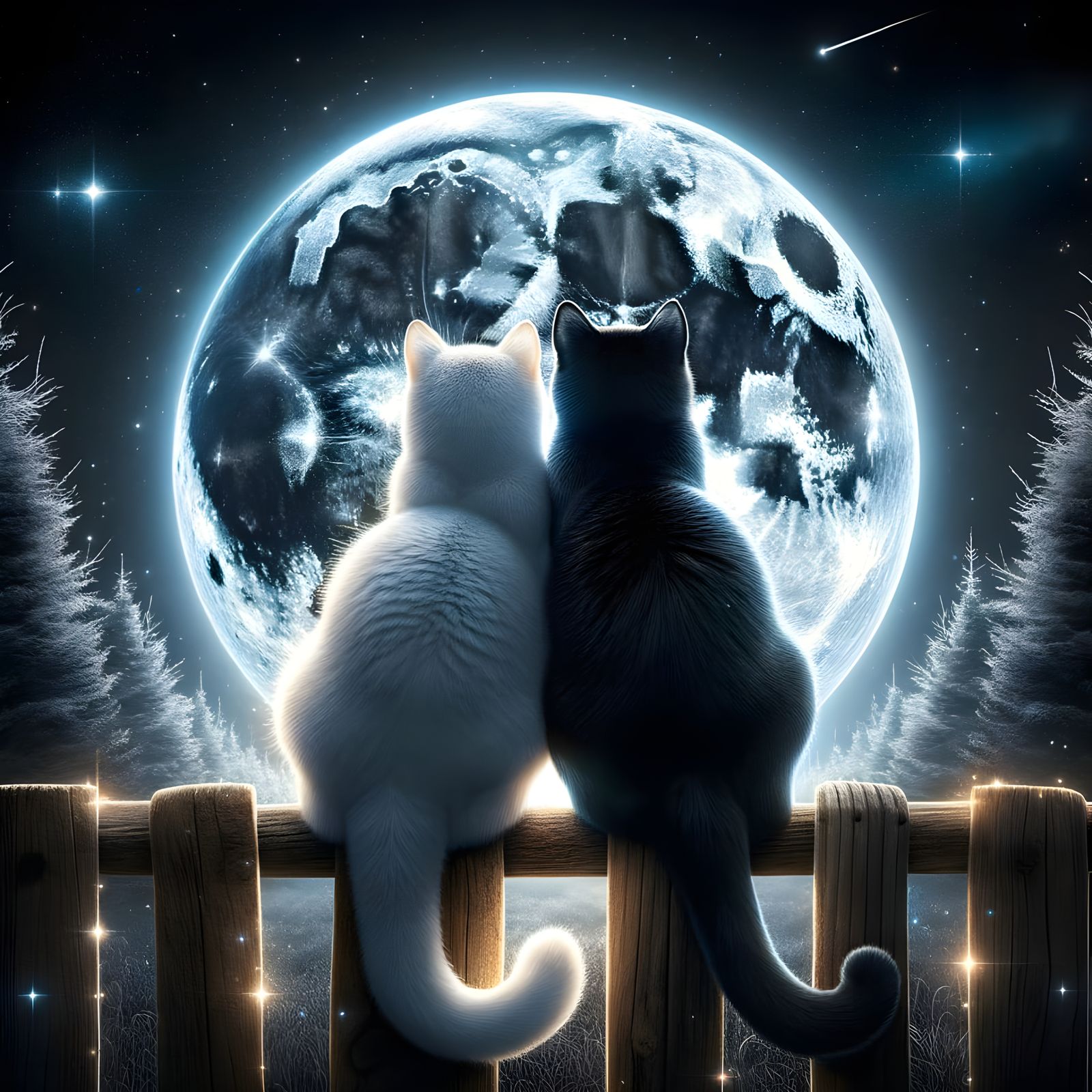 Cats Cuddling under a Detailed Silver Moon