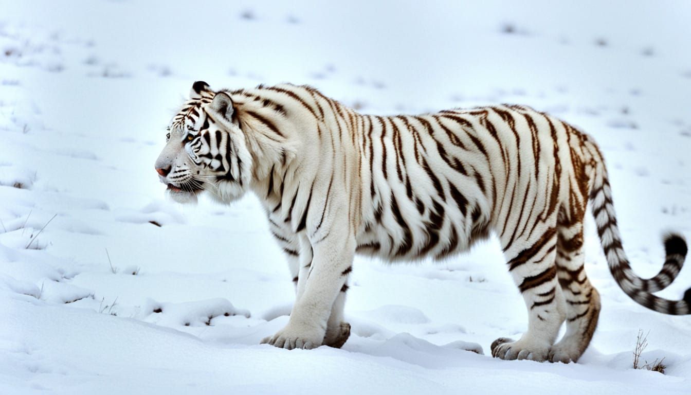A huge beautiful majestic Siberian white tiger in the Siberian snow tundra stalking his prey