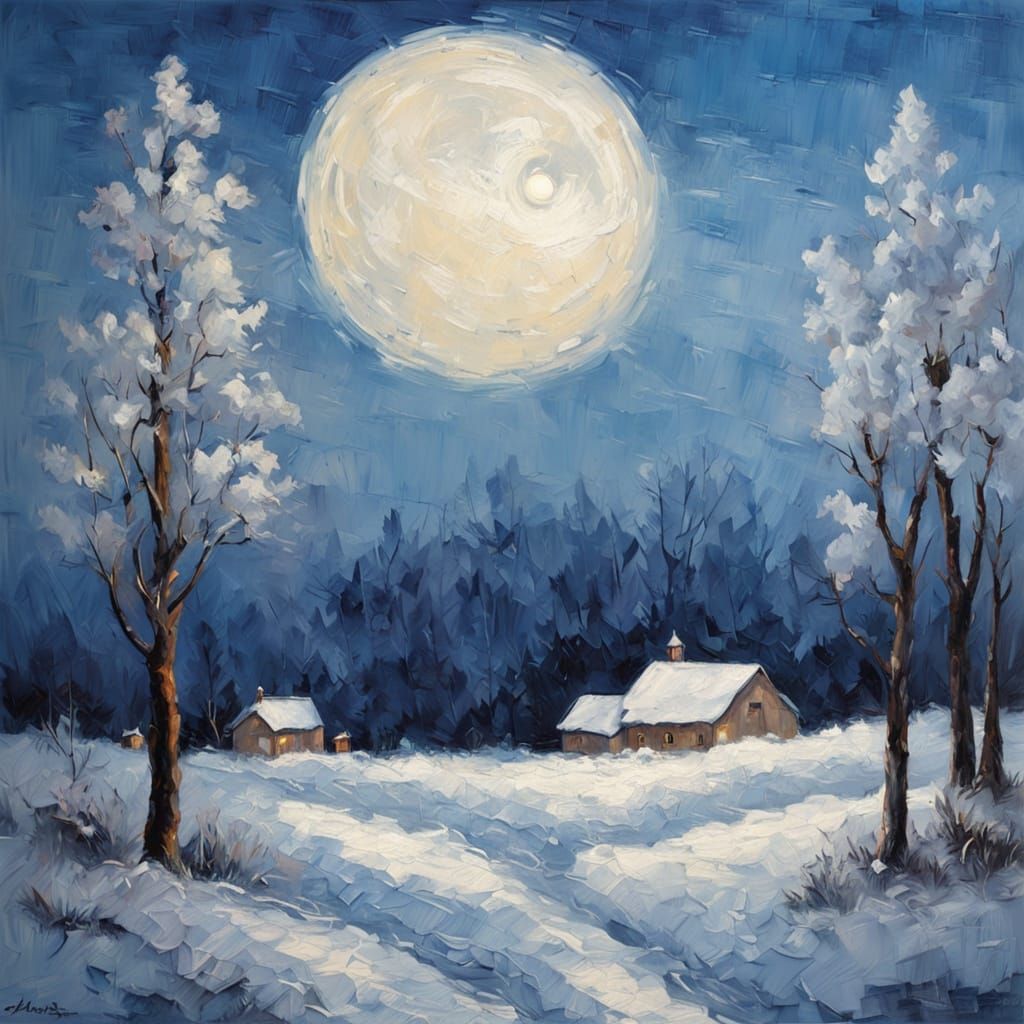 Neo-Impressionist Winter Landscape Under Luminous Moon