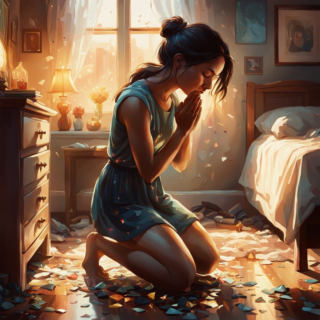 Woman Praying in Bedroom as Oil Painting