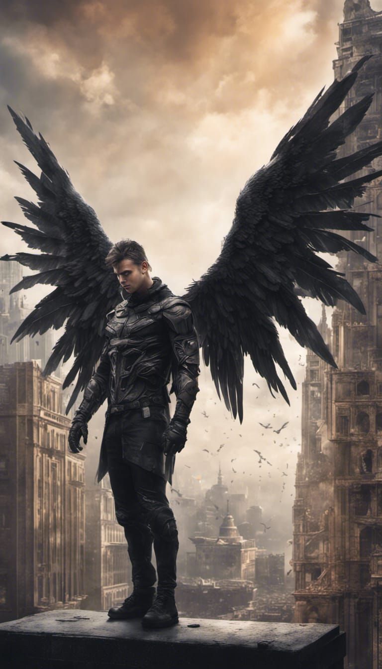 Metropolis Angel with Black Wings in Detailed Matte Painting