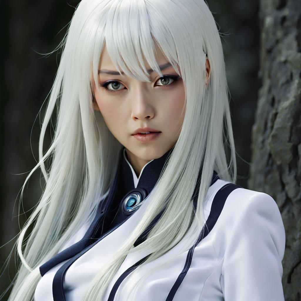 Photorealistic Portrait of White-Haired Woman