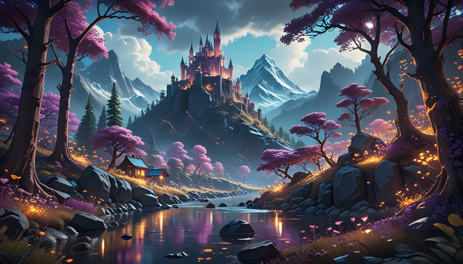 Surreal Amethyst Castle Over Winding Sapphire River