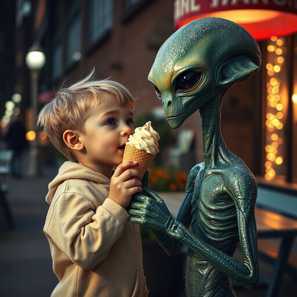 Boy Shares Ice Cream with Alien in Park