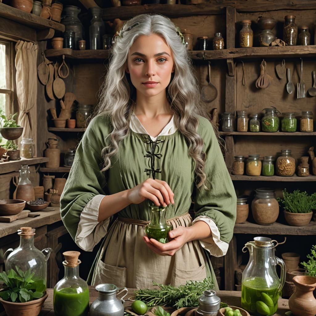 18th Century Herbalist Mixing Potions, Detailed Portrait