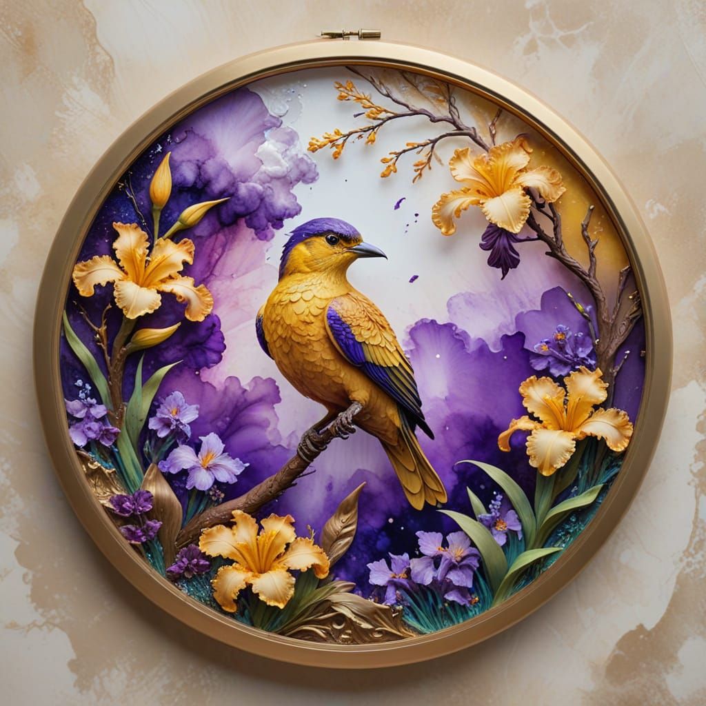 Alcohol Ink Art: Circular Floral and Bird Design with Gold F...