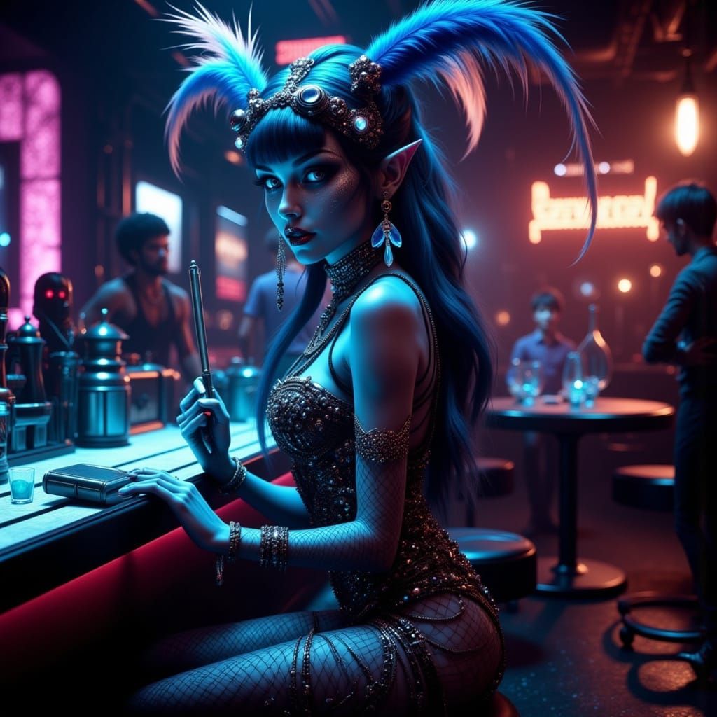 Glamorous Alien Siren in Cyberpunk Art Deco Jazz Era