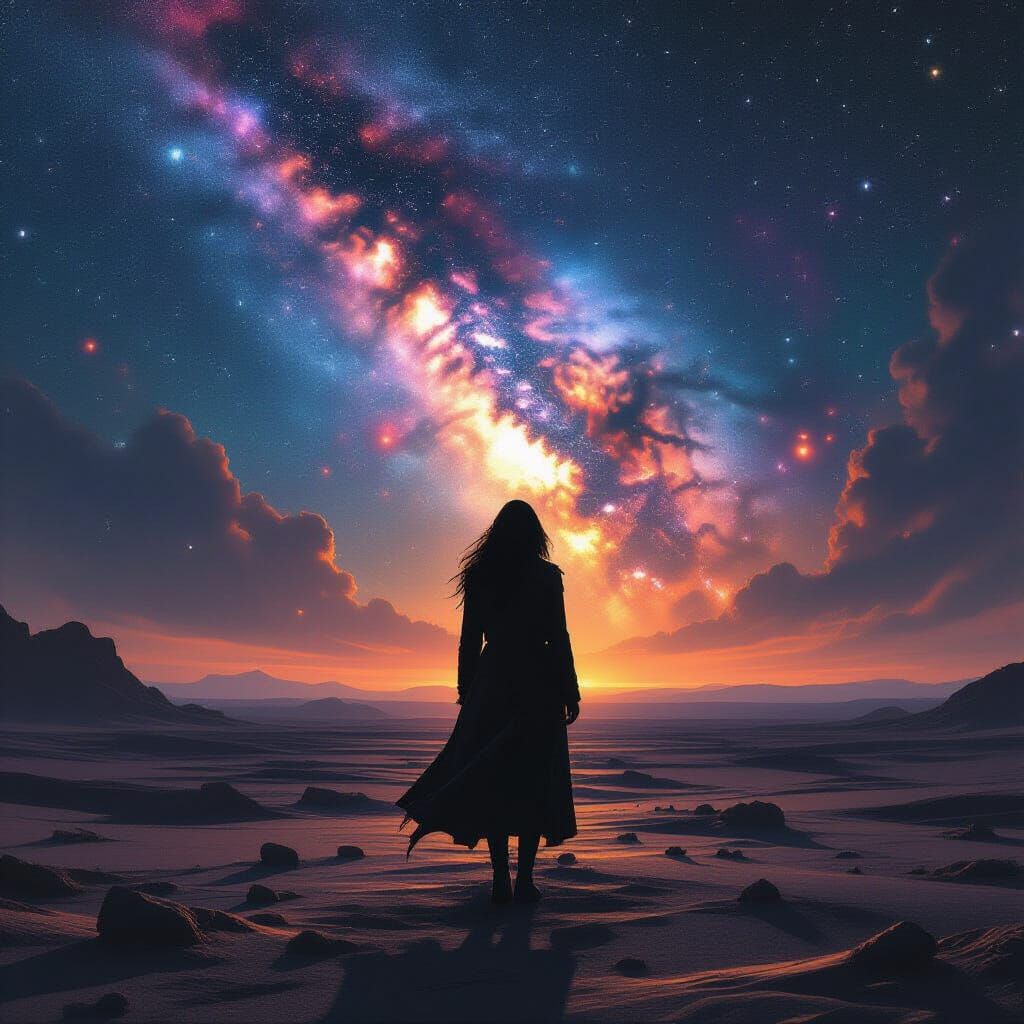 Woman's Silhouette on Alien Planet Amidst Cosmic Nebulae