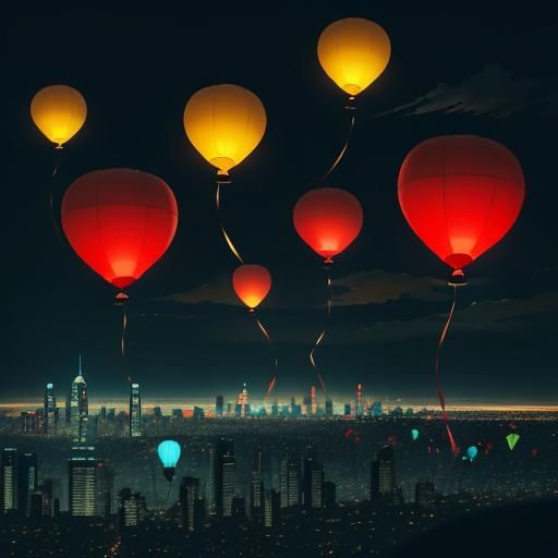 Futuristic Cityscape: Boy Releasing Red Balloons