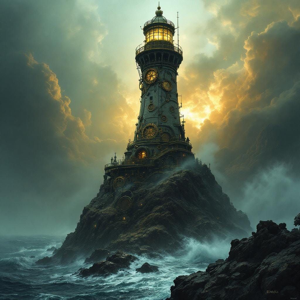 Steampunk Lighthouse Amidst Stormy Seas