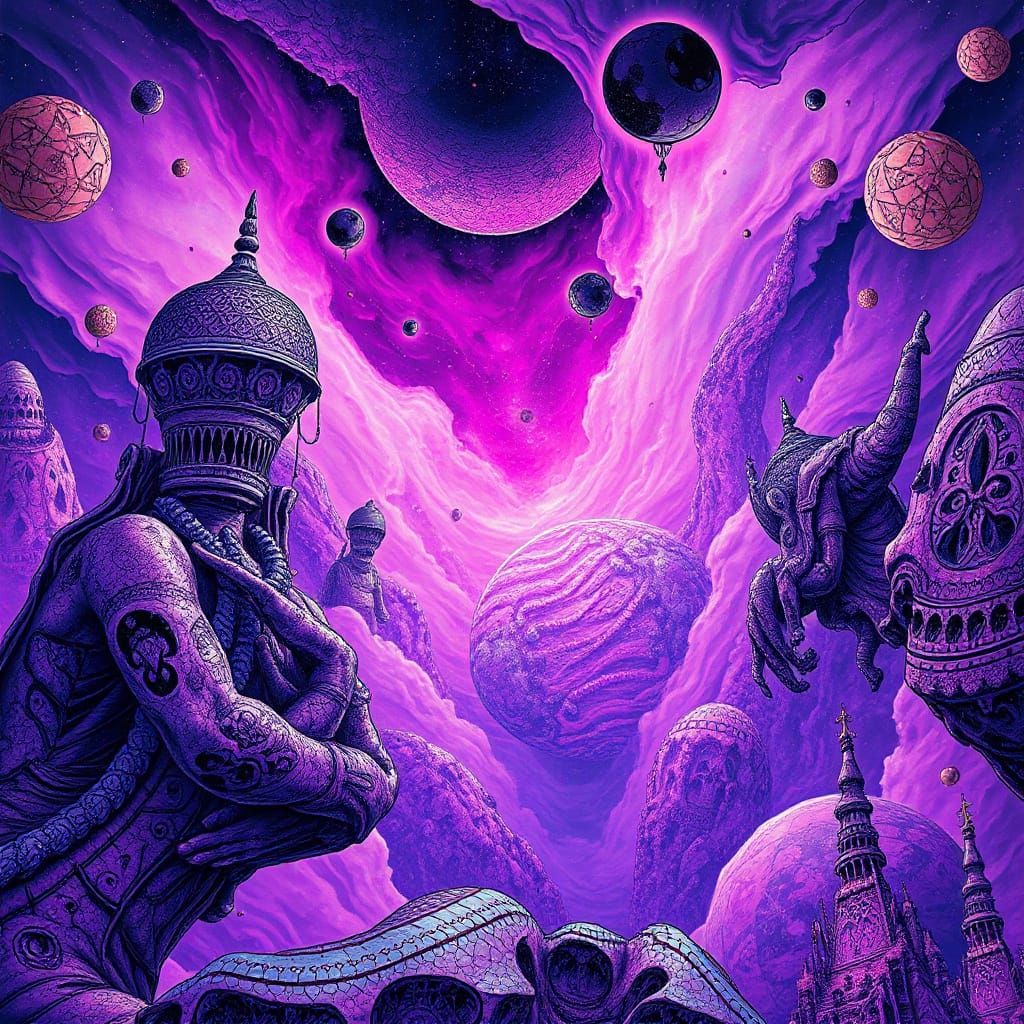 Abstract, surreal, futuristic ink and oil picture of a purple microdot acid dream in purple haze.