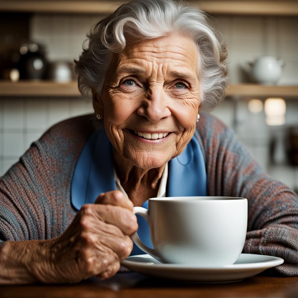 Smiling Grandmother Portrait with Coffee, Professional Photo...