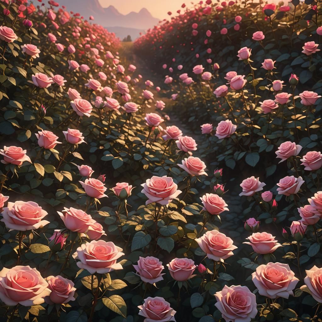 Dreamy Rose Field Lit by Horizon: Matte Painting