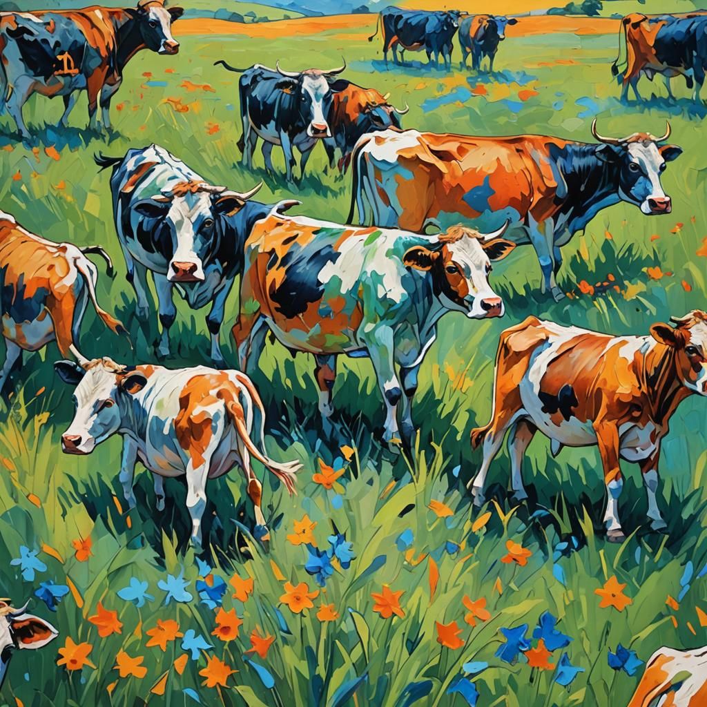 Cows Dancing in Meadow, Abstract Expressionist Fauvism