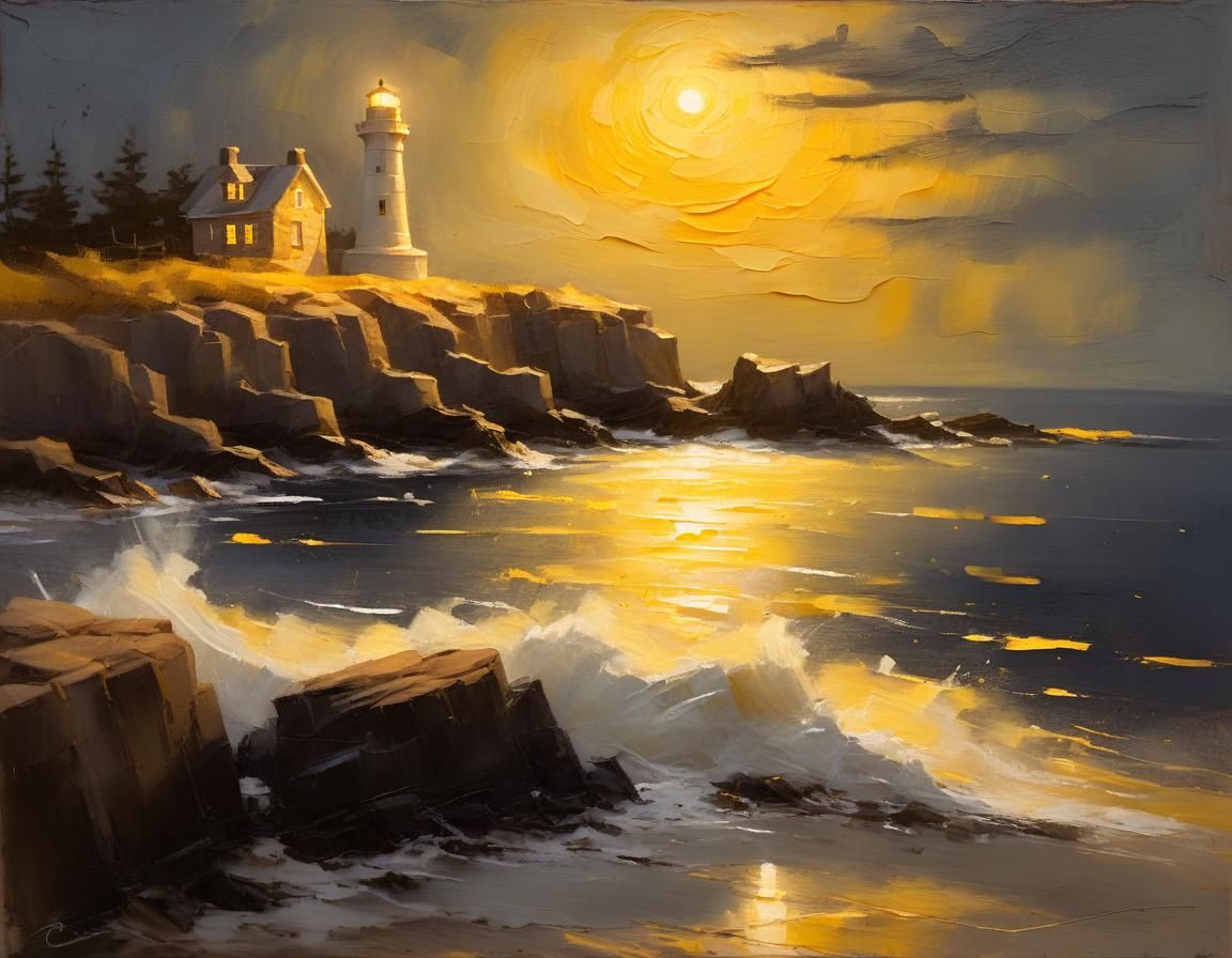 Mystical Moonlit Lighthouse on a Rocky Coast