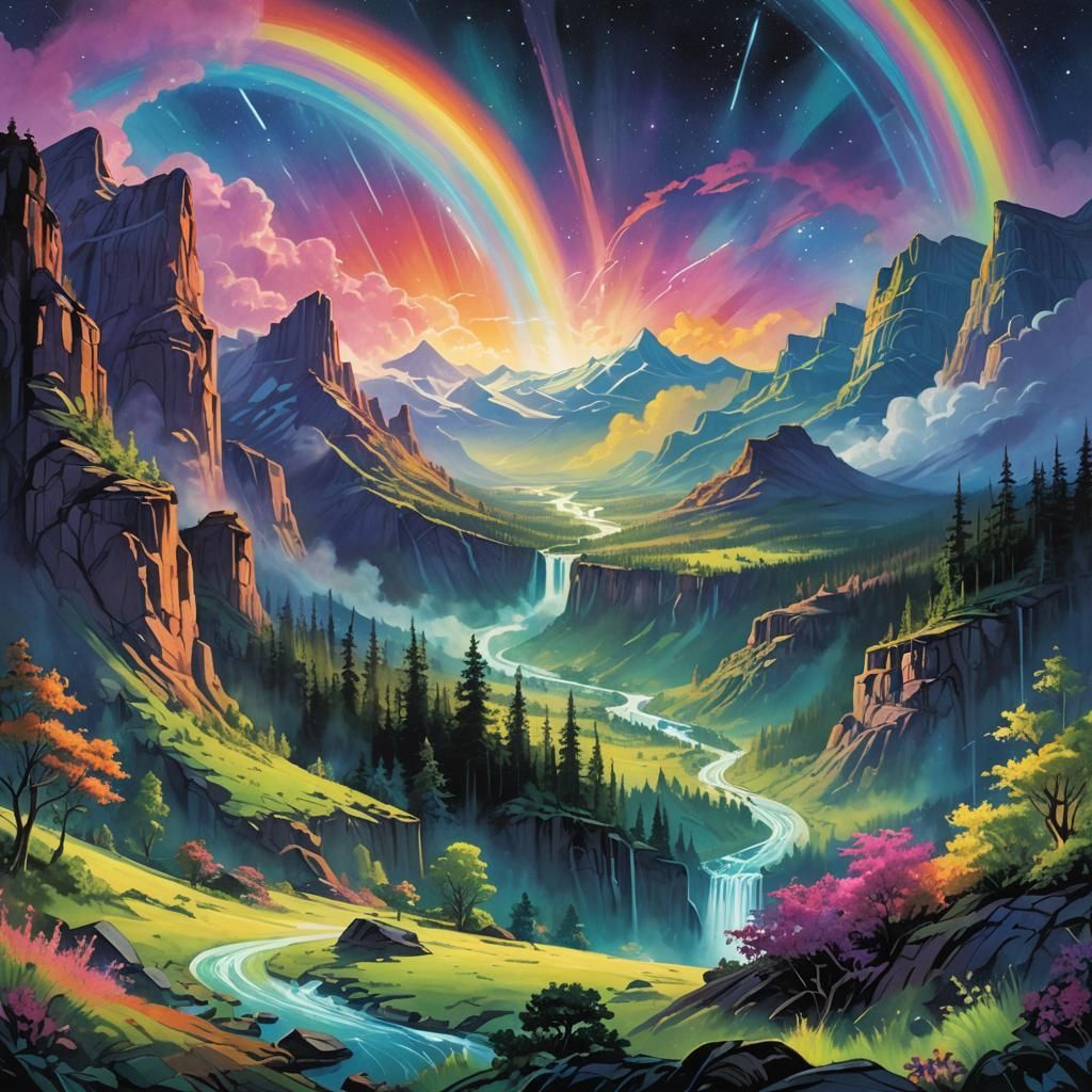 Enchanted Valley: Rainbow Fantasy Art in Syd Mead Style