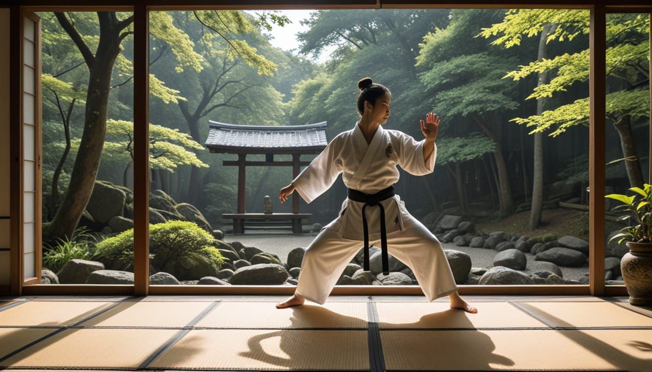 Dynamic Karateka in Dojo with Motion Blur