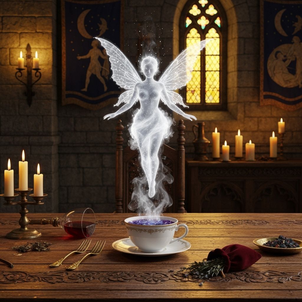 Steam Fairy Above Cosmic Teacup in Medieval Chamber