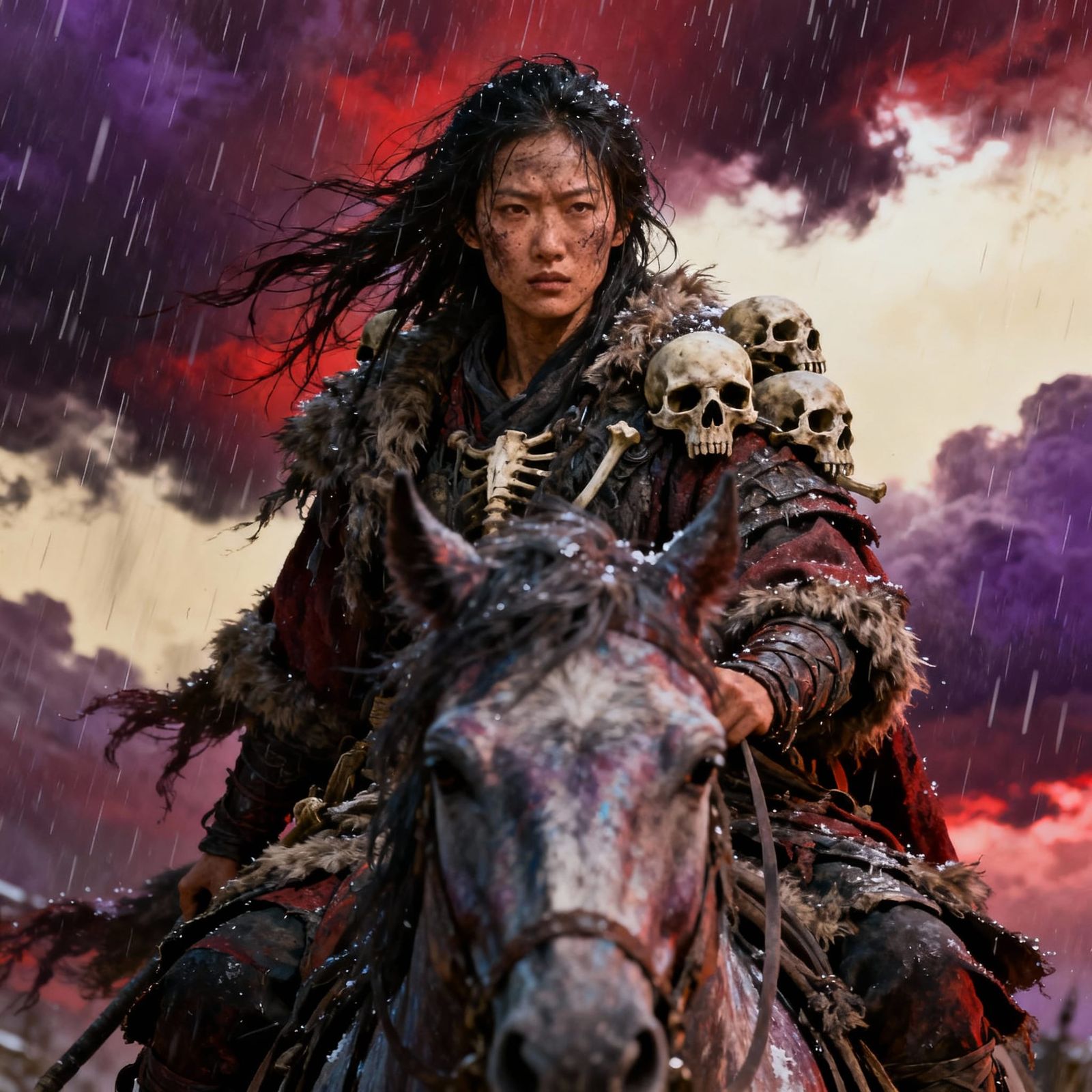 Warrior Woman in Storm Riding Mystical Horse