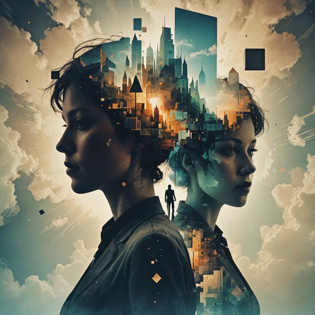 Surreal Cubist Dreamscape with Double Exposure