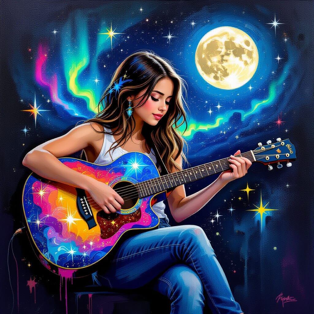 Girl Plays Celestial Guitar Under Northern Lights