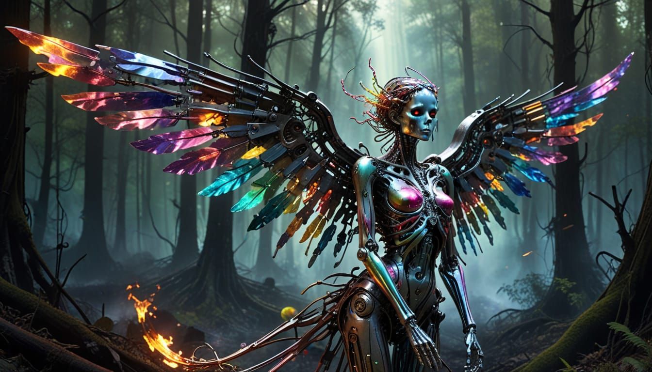 Fallen Mechanical Angel in a Forest