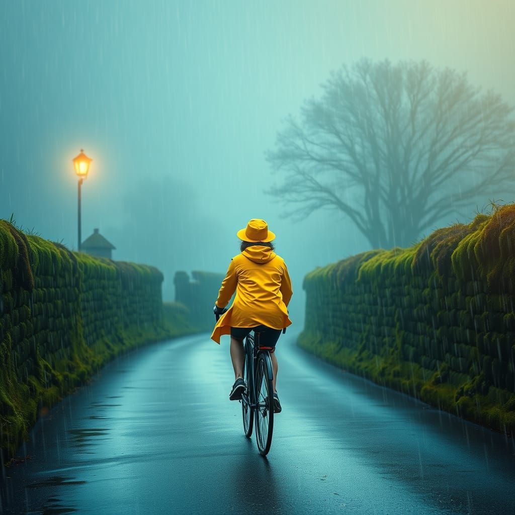 g a woman on a bicycle in the pouring...