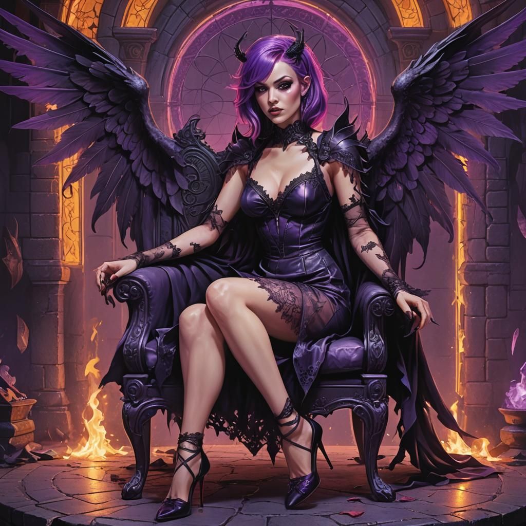 Gothic Villainess with Neon Hair and Angel Wings