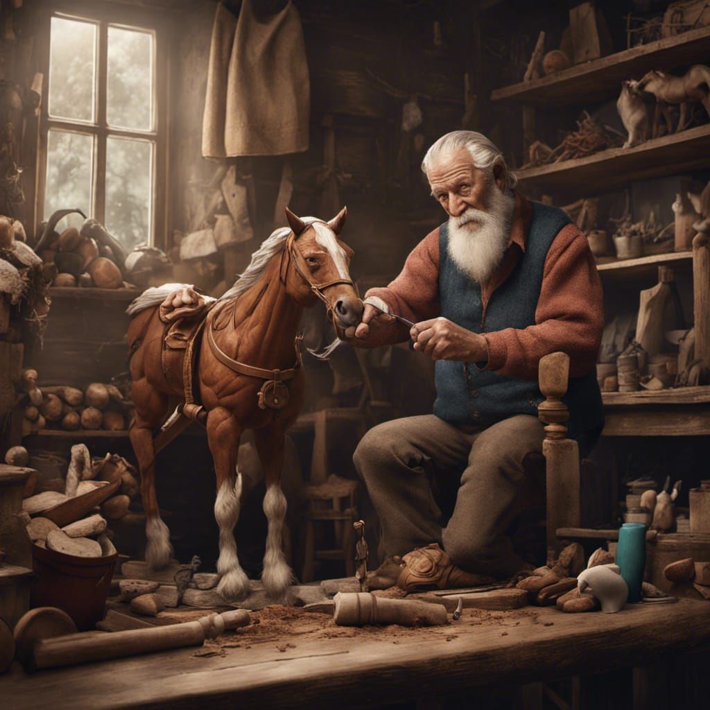 Wholesome Old Man Whittling a Toy Horse