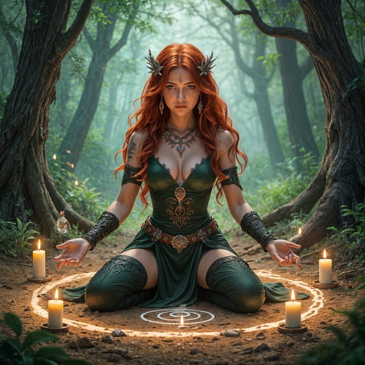 Red Haired Sorceress in Enchanted Forest Glade