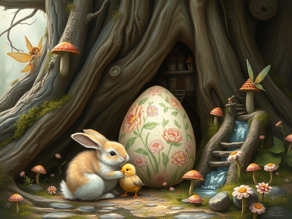 Enchanted Fairy Village with Bunny and Easter Egg