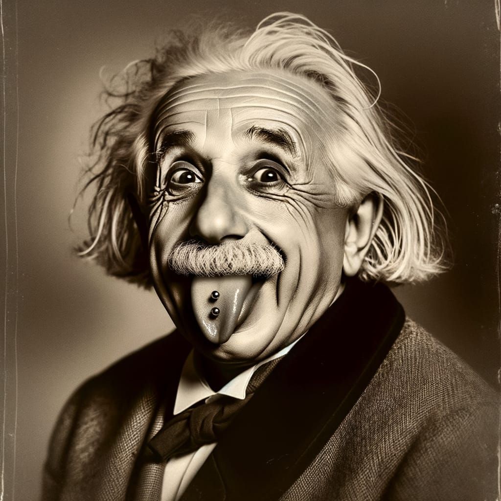 Einstein Portrait with Tongue Piercing in Sepia Tone