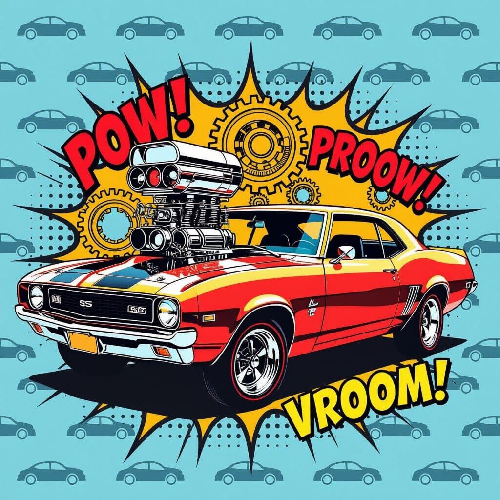 Pop Art Muscle Car Engine with Comic Sound Effects