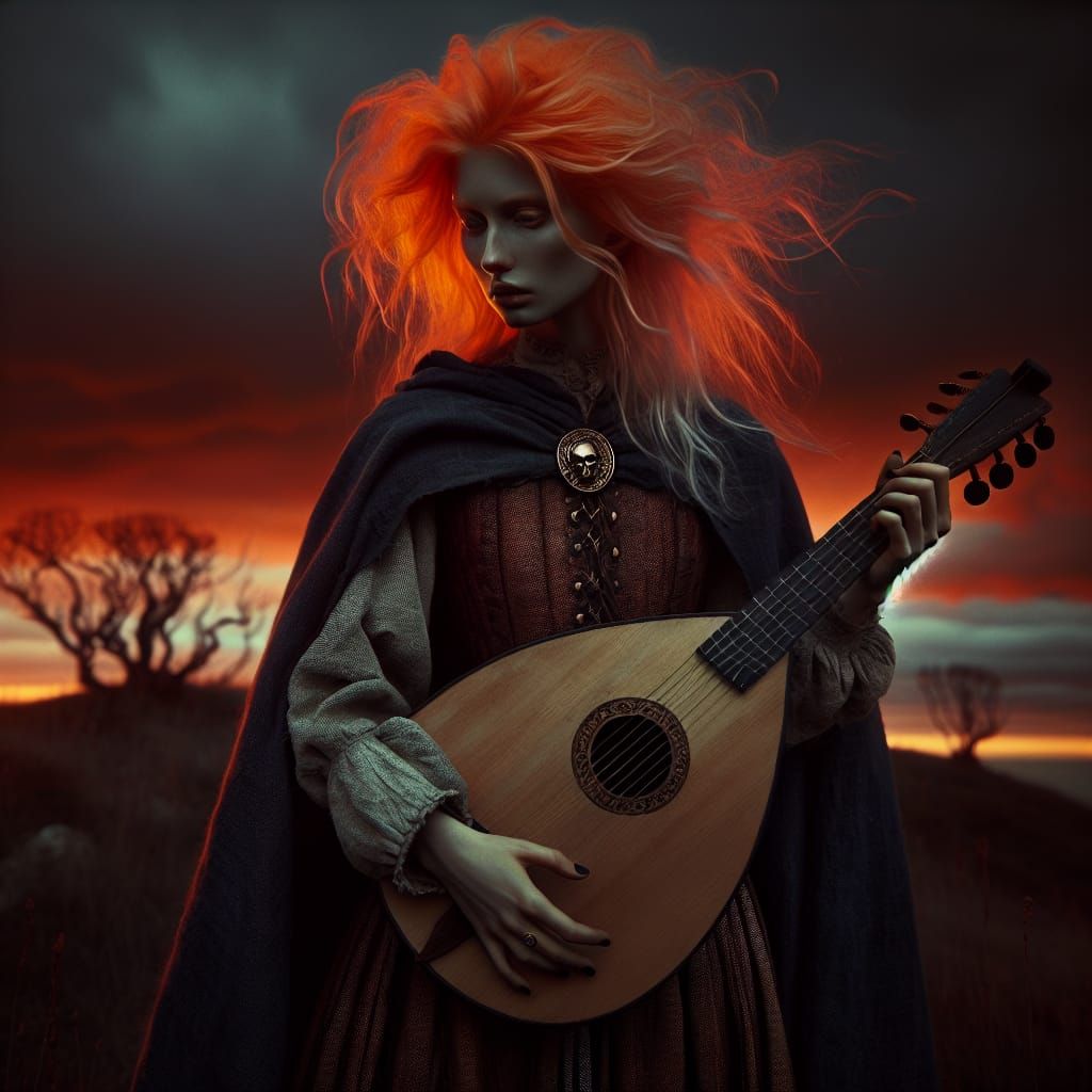 Woman with Red Hair Plays Lute Under Red Sky