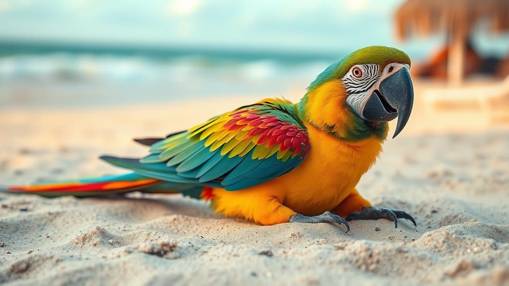 Vibrant Macaw Parrot on Tropical Beach Sand