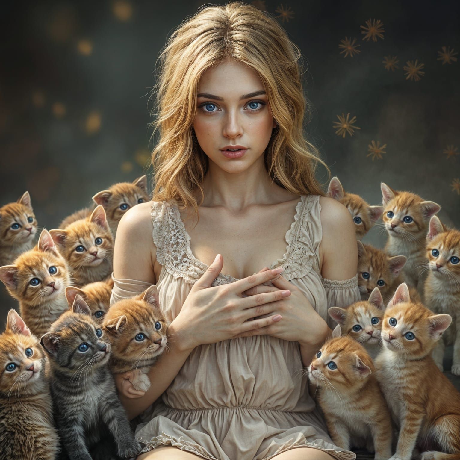 Frightened Beauty Amidst Furry Chaos in Hyperrealistic Art